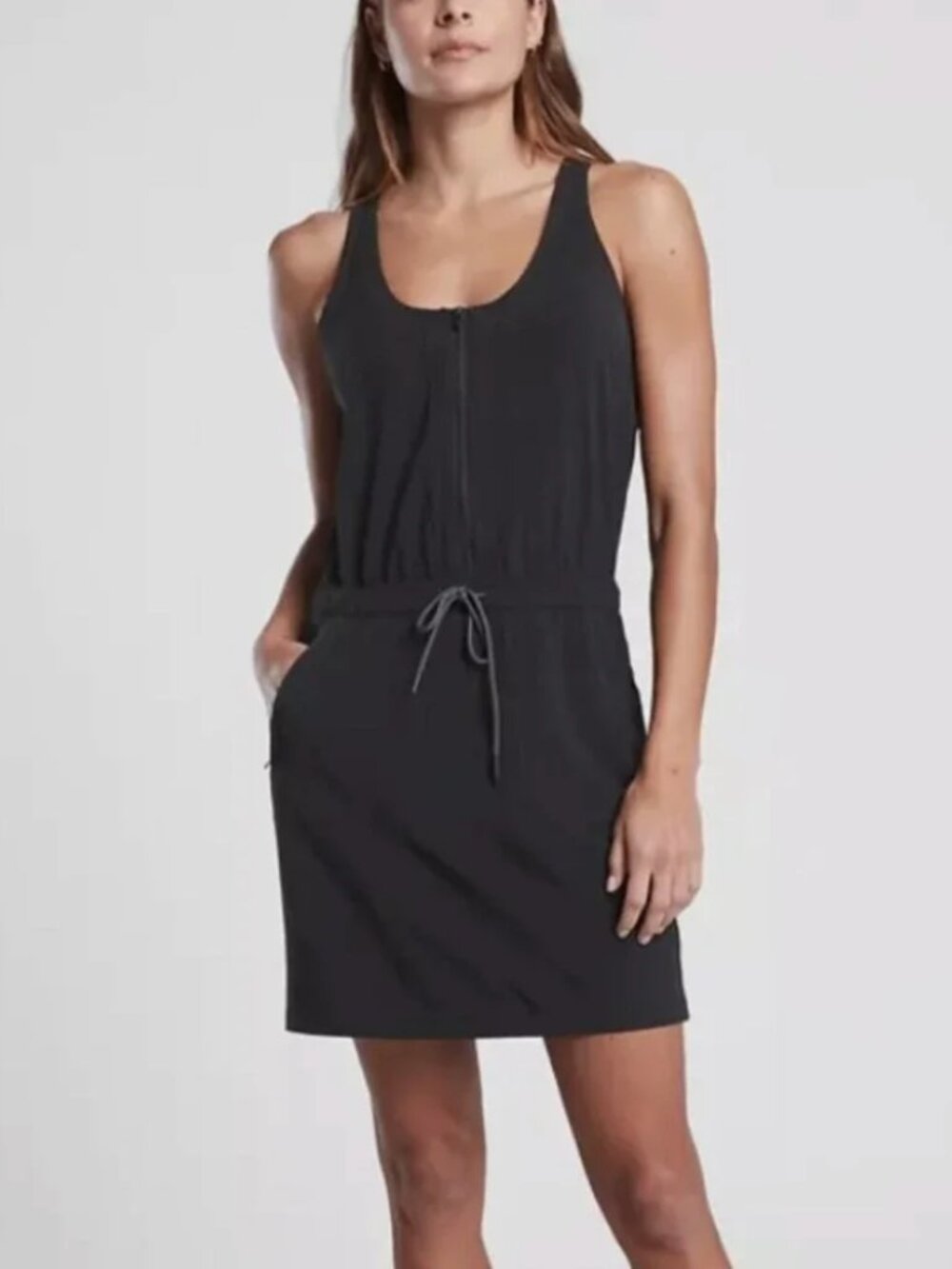 Athleta Black Sleeveless Drawstring Waist Active Dress